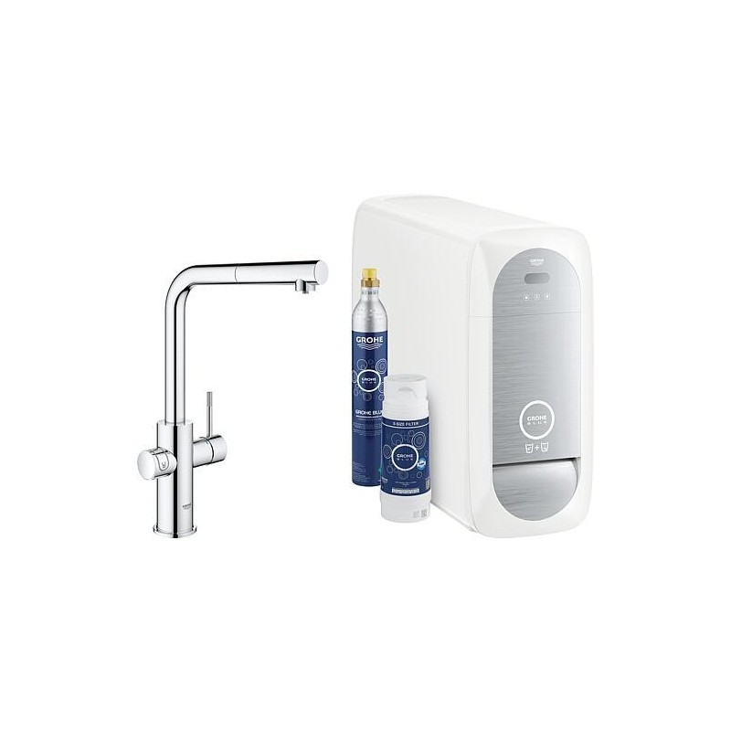 Kit de démarrage Grohe Blue Home avec bec extractible chromé et filtre S-size, Bouteille CO2 et unité réfrigérante