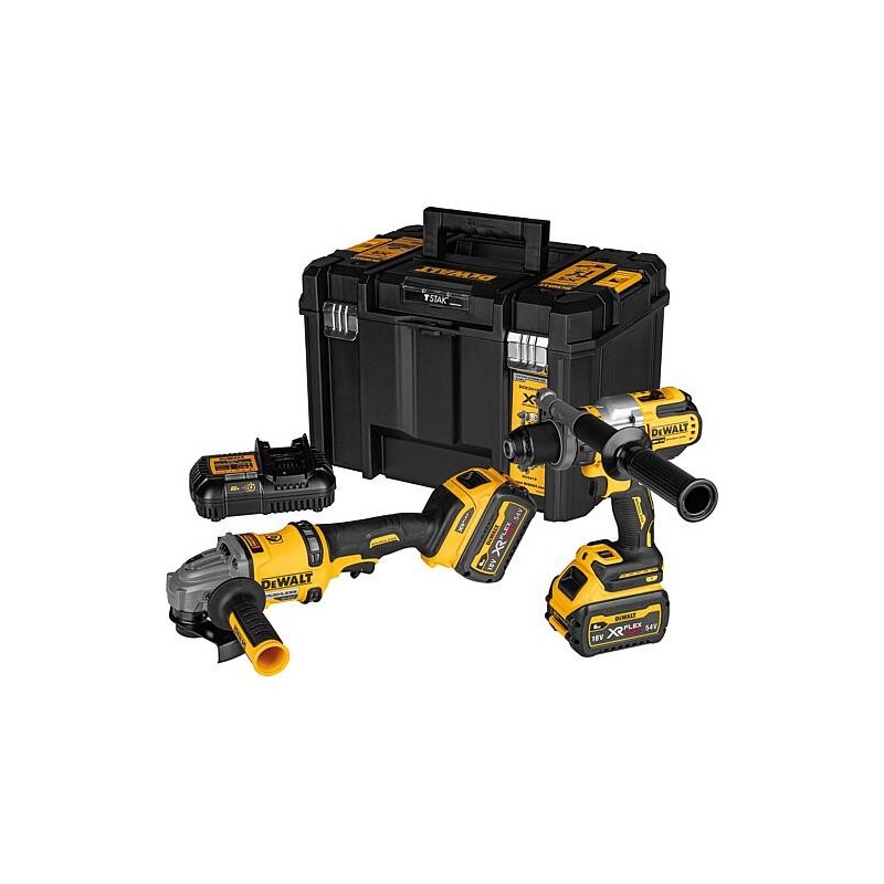 Kit sans fil DeWalt 2 pièces avec perceuse-visseuse à percussion, meuleuse d’angle, 2 x 6 Ah et chargeur