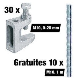 Lot avantageux d’attaches de fixation M10, plage de serrage 0-20 mm, 30 pièces + Tiges filetées M10 gratuites, 1 m, 10 pièces