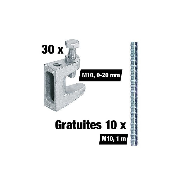 Lot avantageux d’attaches de fixation M10, plage de serrage 0-20 mm, 30 pièces + Tiges filetées M10 gratuites, 1 m, 10 pièces