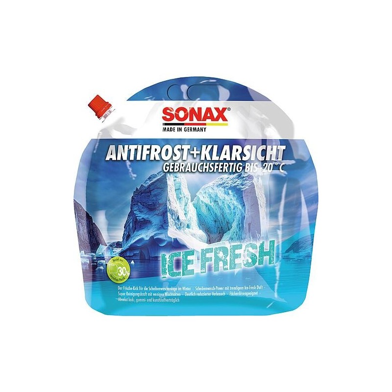 Nettoyant vitres hiver SONAX Antigel + Vision claire jusqu’à -20°C Ice-fresh 3l Sachet à fond plat