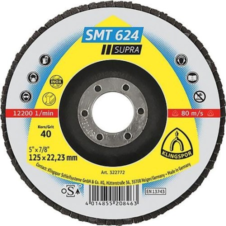 Disque de découpe à lamelles Klingspor SMT 624 SUPRA K40, 125 x 22,23 mm, grain 40, Contre-coudé