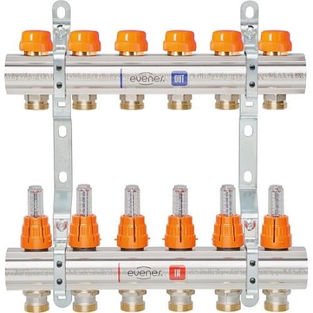 Collecteur de circuit de chauffage evenes M 6,12 Dynamic, DN25 (1") laiton, 12 circuits de chauffage avec débitmètre