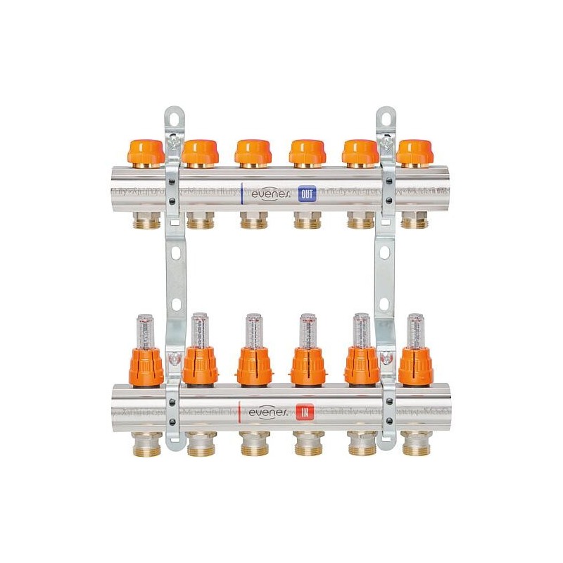 Collecteur de circuit de chauffage evenes M 6,9 Dynamic, DN25 (1") laiton, 9 circuits de chauffage avec débitmètre