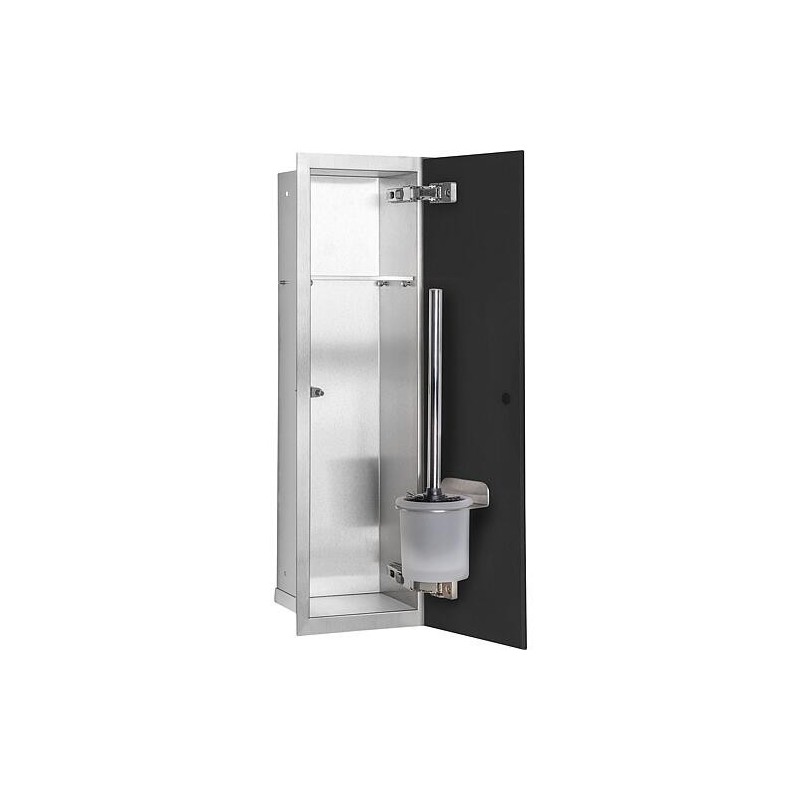 Niche à encastrer en inox pour WC hauteur 600 intérieur inox brossé, 1 porte noire, droite