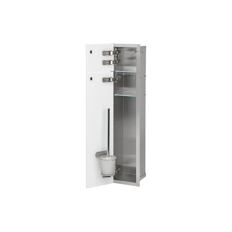 Niche à encastrer en inox pour WC hauteur 800 intérieur inox brossé, 2 portes blanches, gauche