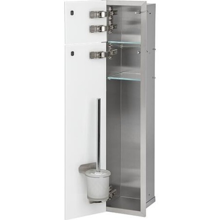 Niche à encastrer en inox pour WC hauteur 800 intérieur inox brossé, 2 portes blanches, gauche