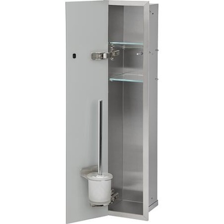 Niche à encastrer en inox pour WC hauteur 800 intérieur inox brossé, 1 porte grise, gauche