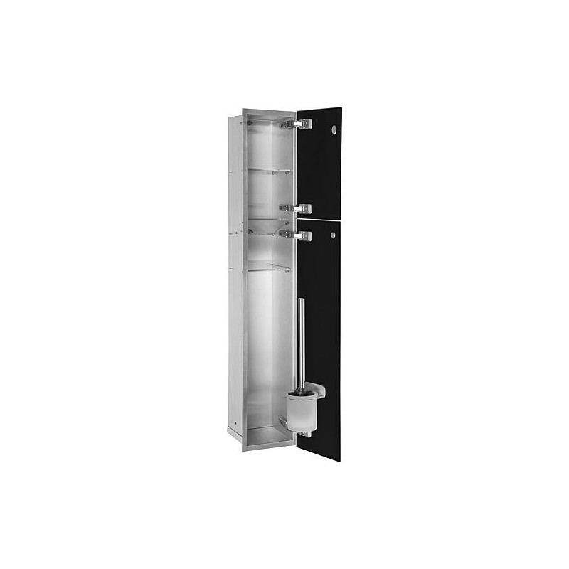 Niche à encastrer en inox pour WC hauteur 950 intérieur inox brossé, 2 portes noires, droite