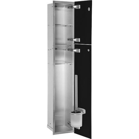 Niche à encastrer en inox pour WC hauteur 950 intérieur inox brossé, 2 portes noires, droite