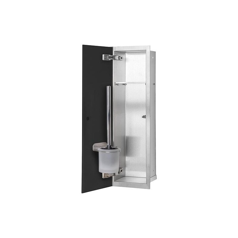 Niche à encastrer en inox pour WC hauteur 600 intérieur inox brossé, 1 porte noire, gauche