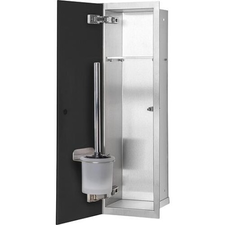 Niche à encastrer en inox pour WC hauteur 600 intérieur inox brossé, 1 porte noire, gauche