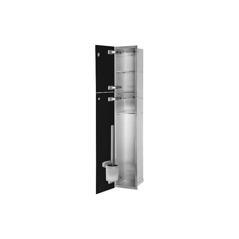 Niche à encastrer en inox pour WC hauteur 950 intérieur inox brossé, 2 portes noires, gauche