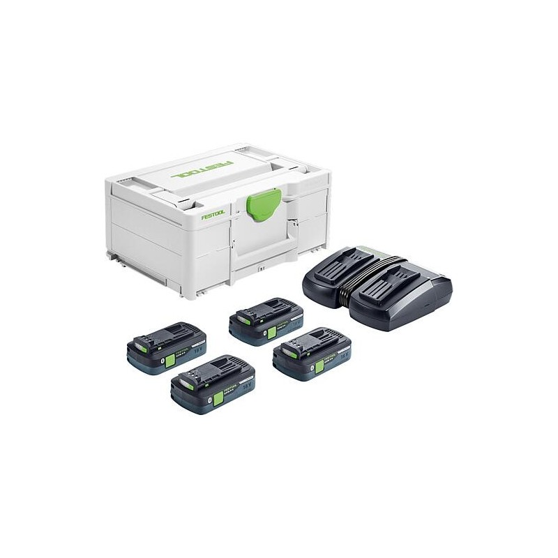 Jeu de batteries Festool 18 V SYS avec 4x 4,0 Ah Batteries et chargeur double