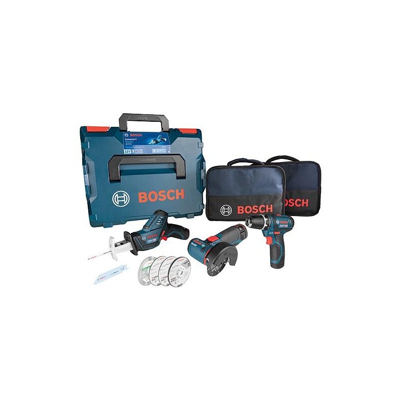 Kit sans fil Bosch 12 V composé de GWS 12V-76, GSA 12V-14 et GSB 12V-15 avec 4x 2,0 Ah batteries et chargeur