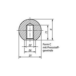 Boule lisse avec filetage plastique femelle M5 forme C, diametre 20 mm