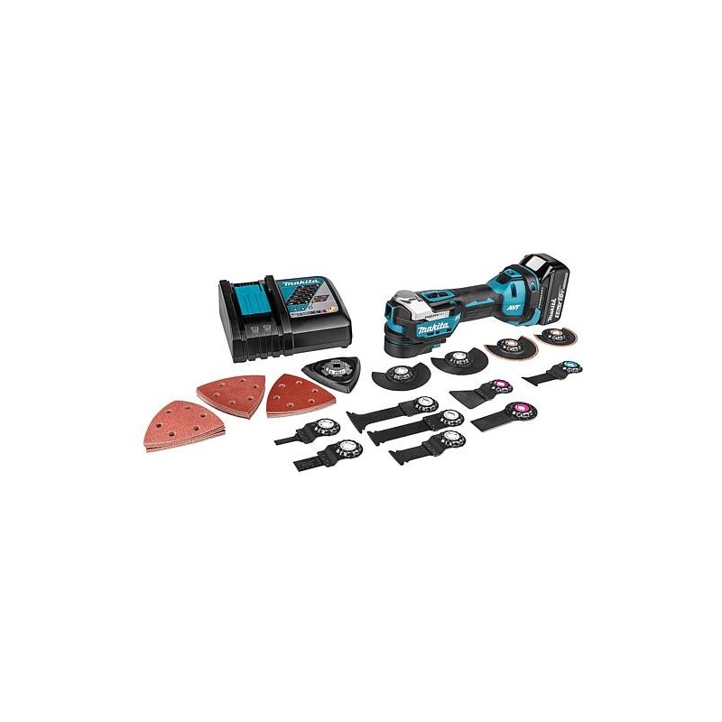 Outil multifonctions sans fil Makita 18V DTM52T1JX2, 1x batterie 5,0 AH et chargeur, 44 accessoires inclus