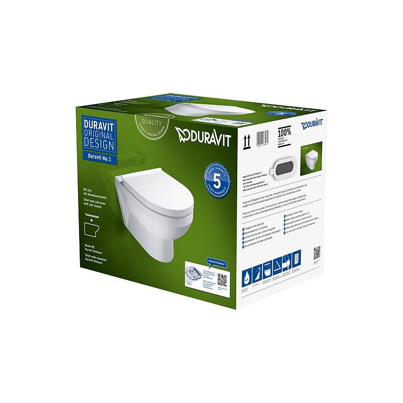 Combi-Pack Duravit No.1 Compact chasse d’eau basse position, sans rebord, avec Softclose, blanc