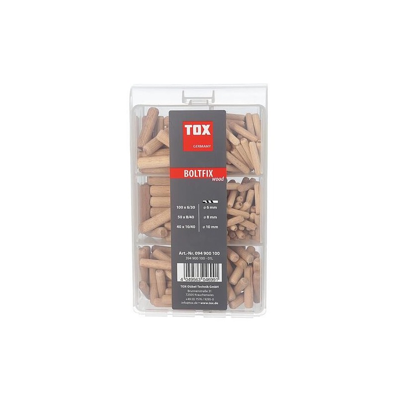 Cheville en bois TOX assortiment 190 pcs. Boltfix wood 100x 6 x 30 mm, 50x 8 x 40 mm, 40x 10 x 40 mm, cheville cannelée en