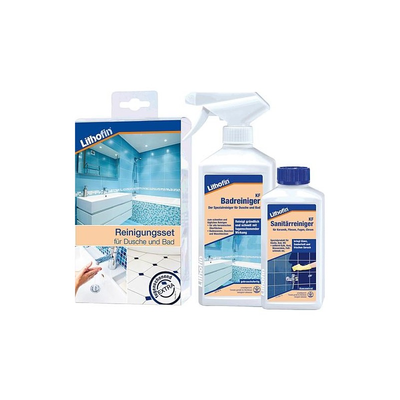 Kit de nettoyage LITHOFIN pour douche et bain (2 produits : nettoyant bain KF & nettoyant sanitaire KF), 1 kit