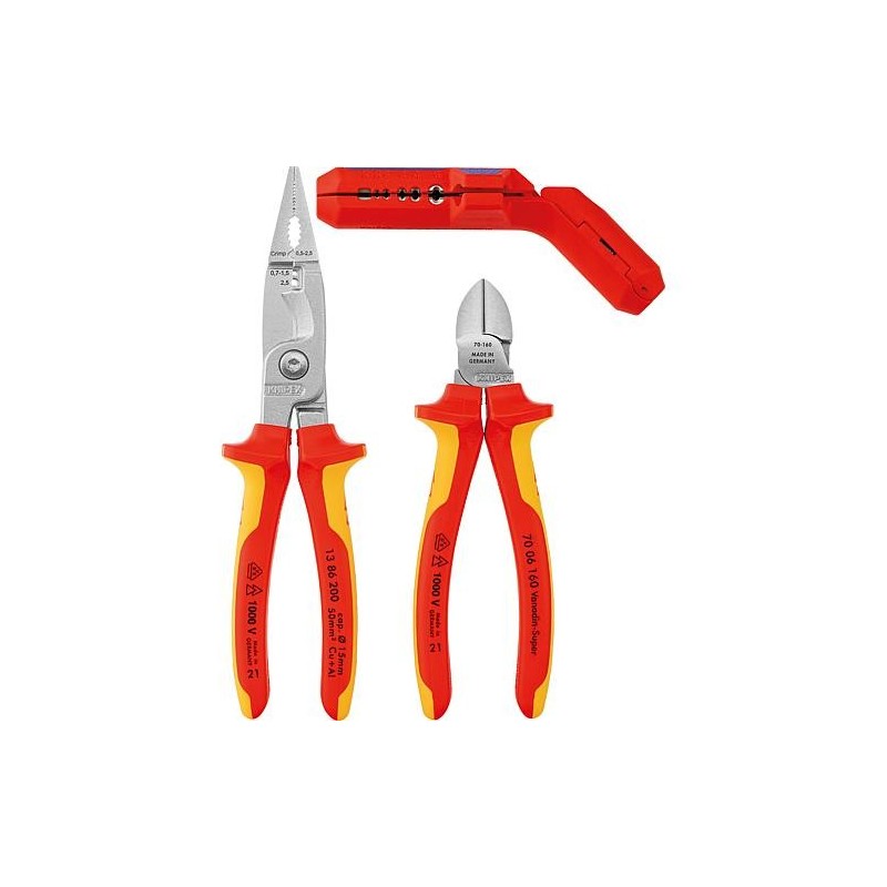 Jeu de pinces KNIPEX 3 pièces composé d’une pince coupante, d’une pince d’installation et d’un équarrisseur