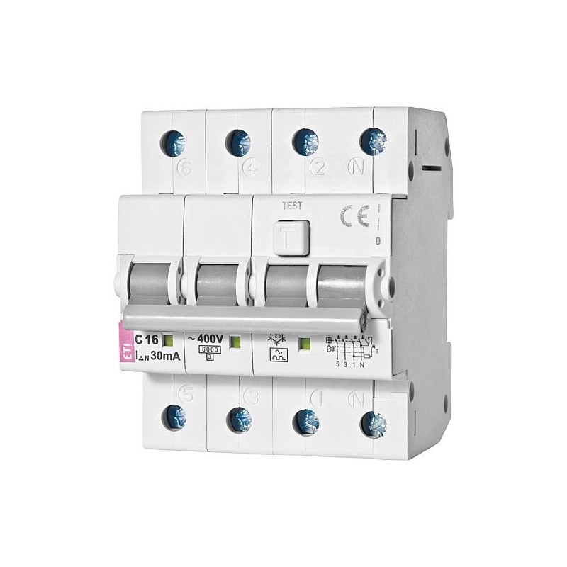 Interrupteur FI/LS KZS-4M, 3 poles+N, C16A, 30mA, 6kA, type A