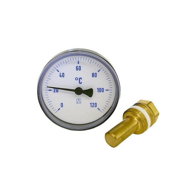 Thermometre a aiguilles bimetal 0-120°C diam 63 mm, corps en plastique bleu (sans robinet),