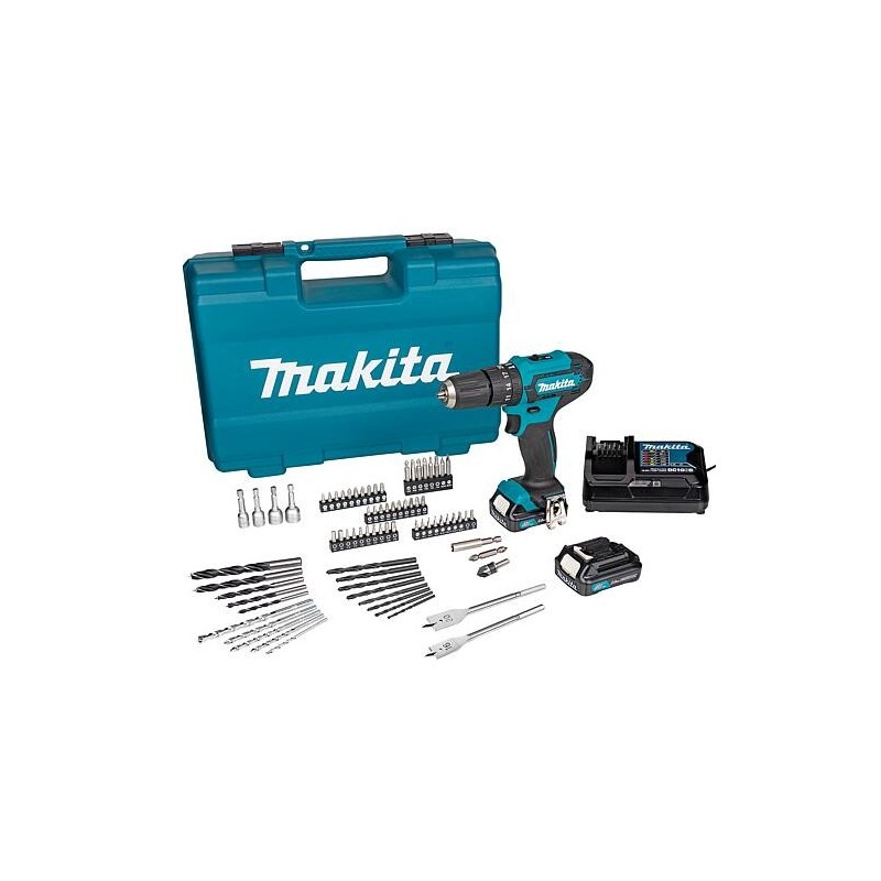 Perceuse-visseuse à percussion sans fil MAKITA HP333DSAX1 12V avec 2x 2,0 Ah Batteries, Chargeur, Kit de forets + embouts incl.