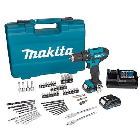 Perceuse-visseuse à percussion sans fil MAKITA HP333DSAX1 12V avec 2x 2,0 Ah Batteries, Chargeur, Kit de forets + embouts incl.