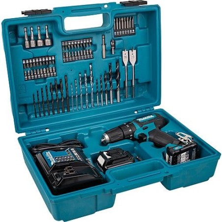 Perceuse-visseuse à percussion sans fil MAKITA HP333DSAX1 12V avec 2x 2,0 Ah Batteries, Chargeur, Kit de forets + embouts incl.