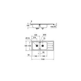 Evier inox Grohe K500 80-S 2 bacs reversibles lxp: 1160x500 mm