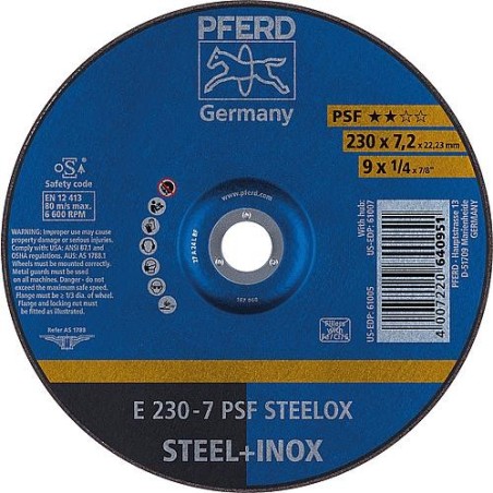 Disque à meuler PFERD Ø 230 x 7,2 x 22,23mm pour acier