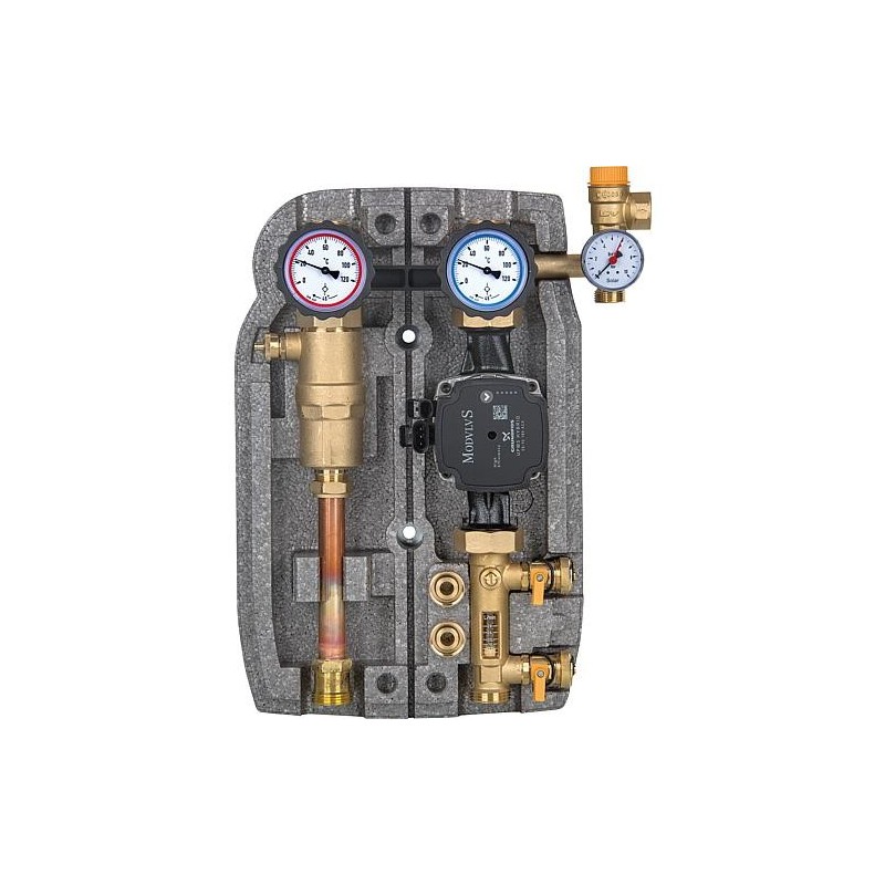 Reservoir solaire Easyflow DN25(1"),2 circuits,8-28l/min, sep.d’air,Grundfos UPM3,hybride 25-70