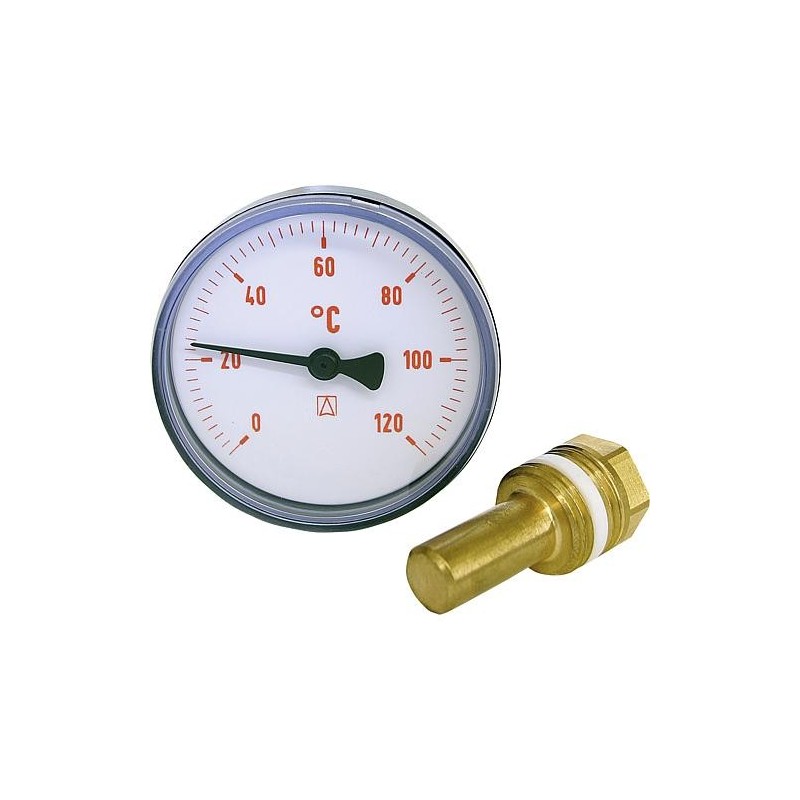 Thermometre a aiguilles bimetal 0-120°C diam 63 mm, corps en plastique rouge (sans robinet),